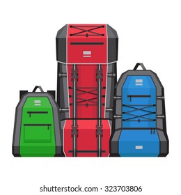 Three hiking backpacks. Vector illustration, flat style.