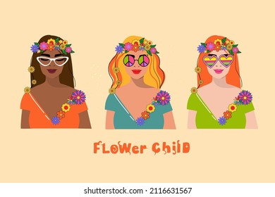 Three hippie girls in the retro style of the 70s African American and European and the inscription flower child. Vector illustration