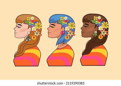 Three hippie women of different nationality in the retro style of the 70s African American and European and the inscription flower child. Vector illustration