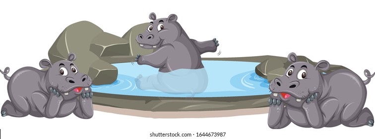 Three hippos enjoying themselves in the pond illustration