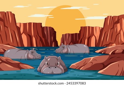 Three hippos in a river with a sunset backdrop