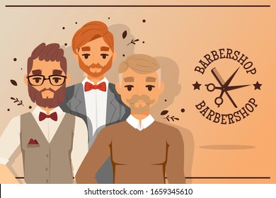 Three hipster barber men with beard and barbershop logo with scissors and comb vector illustration for hair salon banner. Hairstylist cartoon character with moustache and bow tie for fashion logotype.