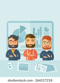 Three hipster Caucasian business men with beard happy clapping their hands for the success presentation with tablet cellphone and papers infront of them. Winner concept. A contemporary style with