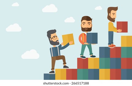 Three hipster Caucasian men with beard carrying blocks putting one by one going up as a sign of increasing sales. Team building concept.  A contemporary style with pastel palette soft blue tinted