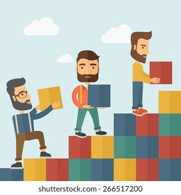 Three hipster Caucasian men with beard carrying blocks putting one by one going up as a sign of increasing sales. Team building concept.  A contemporary style with pastel palette soft blue tinted