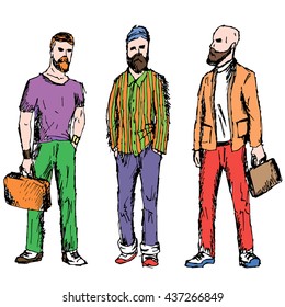 three hipster on a white background in fashion colorful clothes