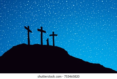 Three historic jew old holy tomb roods. Traditional lent crucified bible scene on dark blue backdrop. Black ink hand drawn picture in art retro graphic style with space for text on nighttime heaven