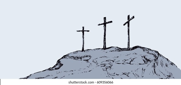 Three historic jew old roods. Traditional lent crucified scene isolated on white backdrop. Outline black ink hand drawn picture sketchy in art doodle retro style pen on paper and space for text on sky