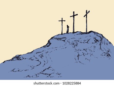 Three historic jew old tomb roods. Traditional lent crucified scene isolated on white backdrop. Outline black ink hand drawn picture sketch in doodle retro style pen on paper and space for text on sky