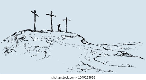 Three historic jew old tomb roods. Traditional lent crucified scene isolated on white backdrop. Outline black ink hand drawn picture sketch in doodle retro style pen on paper and space for text on sky