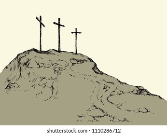 Three historic jew old tomb roods. Traditional lent crucified scene isolated on white backdrop. Outline black ink hand drawn picture sketch in doodle retro style pen on paper and space for text on sky