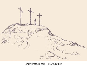 Three historic jew old tomb roods. Traditional lent crucified scene isolated on white backdrop. Outline black ink hand drawn picture sketch in doodle retro style pen on paper and space for text on sky