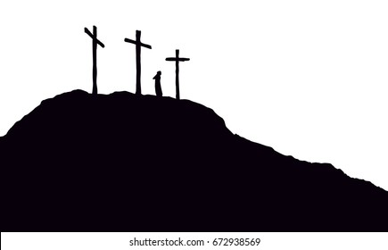 Three historic jew old tomb roods. Traditional lent crucified scene isolated on white backdrop.  Black ink hand drawn picture in retro engraving style with space for text on sky