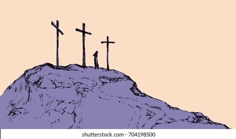 Three historic jew old tomb roods. Traditional lent crucified scene isolated on white backdrop. Outline black ink hand drawn picture sketch in doodle retro style pen on paper and space for text on sky