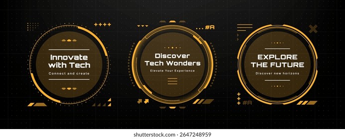 Three hi-tech digital holograms with circular frames representing innovation, discovery, and future exploration concepts.