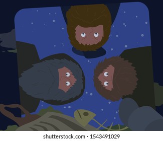 Three Hobos Look Inside The Garbage Can At Night Vector Cartoon