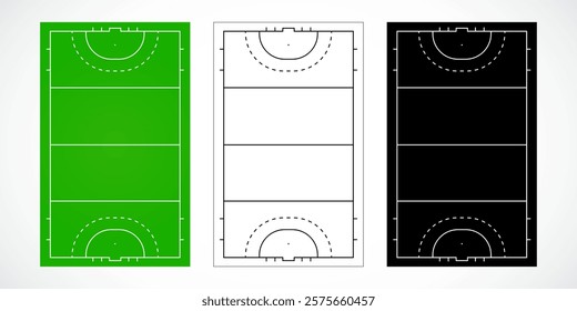 Three hockey field designs: blue layout, white outline, and black schematic for sports strategy, design, or educational purposes.
