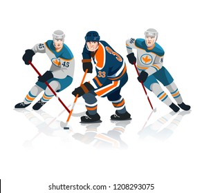 Three hockey players fighting for a ball. Vector illustrayion isolated on a white background