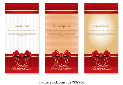 Three holiday background with red bows and copy space, booklet cover design templates collection, vector brochure, set 1.