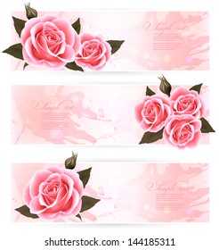 Three holiday banners with pink beautiful roses. Vector