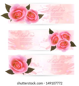 Three holiday banners with pink beautiful roses. Vector 