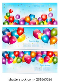 Three holiday birthday banners with balloons. Vector.
