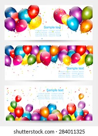 Three holiday birthday banners with balloons. Vector.