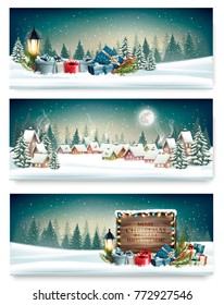 Three Holiday Christmas banners with a winter village and presents. Vector