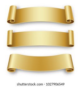 Three Holiday golden Ribbons for Birthday, Christmas, isolated on white background. Vector illustration.