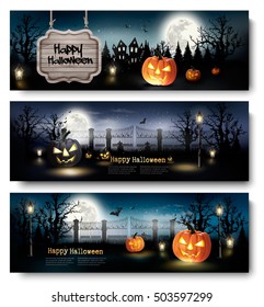 Three Holiday Halloween Banners with Pumpkins. Vector