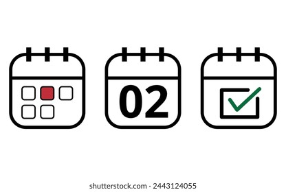 Three hollow calendar flat icons isolated on white background, Calendar icon with specific day marked, day 02. Icons for websites, blogs and graphic resources.