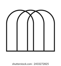 Three hollow overlapping arches stroke icon. An arrangement of archway symbols. Isolated on a white background.