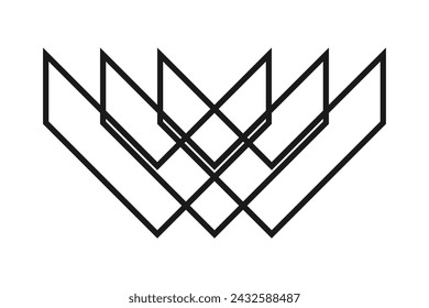 Three hollow overlapping chevrons stroke icon. An arrangement of black outline v-shaped symbols. Isolated on a white background.