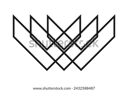 Three hollow overlapping chevrons stroke icon. An arrangement of black outline v-shaped symbols. Isolated on a white background.