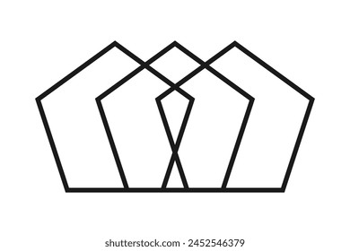 Three hollow overlapping pentagons, stroke icon. An outline symbol made from pentagonal shapes. Isolated on a white background.