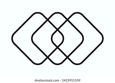 Three hollow overlapping, rounded squares icon. An outline symbol made from rectangular shapes. Isolated on a white background.
