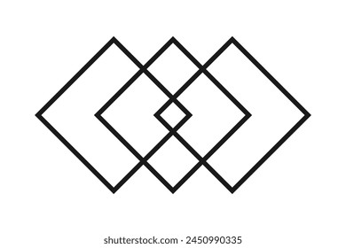 Three hollow overlapping squares, stroke icon. An outline symbol made from rectangular shapes. Isolated on a white background.