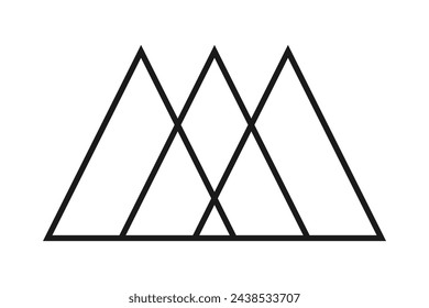 Three hollow overlapping triangles stroke icon. An outline symbol made from triangular shapes. Isolated on a white background.