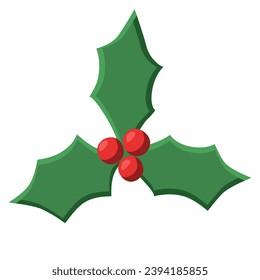 Three holly leaves with berries, winter holidays design element, vector