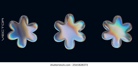 Three holographic chrome element in Y2K style. 3D abstract flower isolated on dark background. Vector shapes