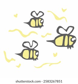 Three honey bee fly freehand character drawing vector