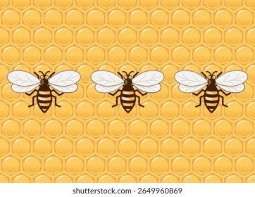 Three honey bees on a honeycomb background. Honeycomb is a structure of hexagonal wax cells built by honey bees to store honey and pollen, and to raise their young bees. 