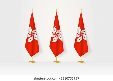 Three Hong Kong flags in a row on a golden stand, illustration of press conference and other meetings. Vector illustration.