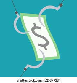 Three hooks try to grab the money, business concept flat vector illustration