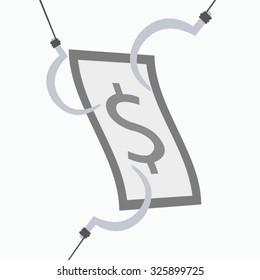 Three hooks try to grab the money, greyscale, business concept flat vector illustration