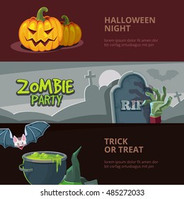 Three horisontal banners with vector illustrations of halloween, isolate on dark background. Design for party invitation with place for your text.