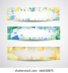 Three horizontal abstract banner set for design with translucent cubes on the sides vector illustration