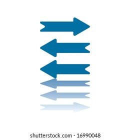 Three Horizontal Arrows, Top Pointing Right,Center and Bottom Pointing Left, All Reflecting on Bottom Plane