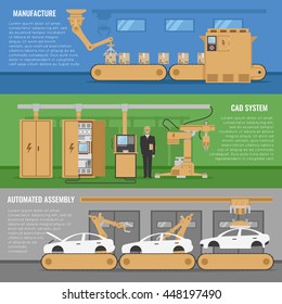 Three horizontal automated assembly banner set with descriptions of manufacture cad system and automated assembly vector illustration