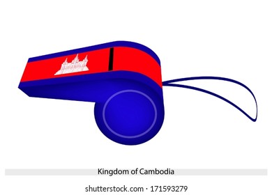 Three Horizontal Bands of Blue, Red and Blue with A Depiction of Angkor Wat of The Kingdom of Cambodia Flag on A Whistle, The Sport Concept and Political Symbol. 